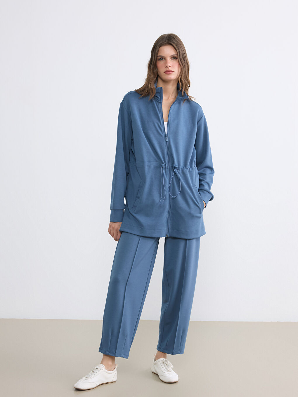 İndigo Dik Yaka Büzgülü Kadın Fermuarlı Sweatshirt	-1