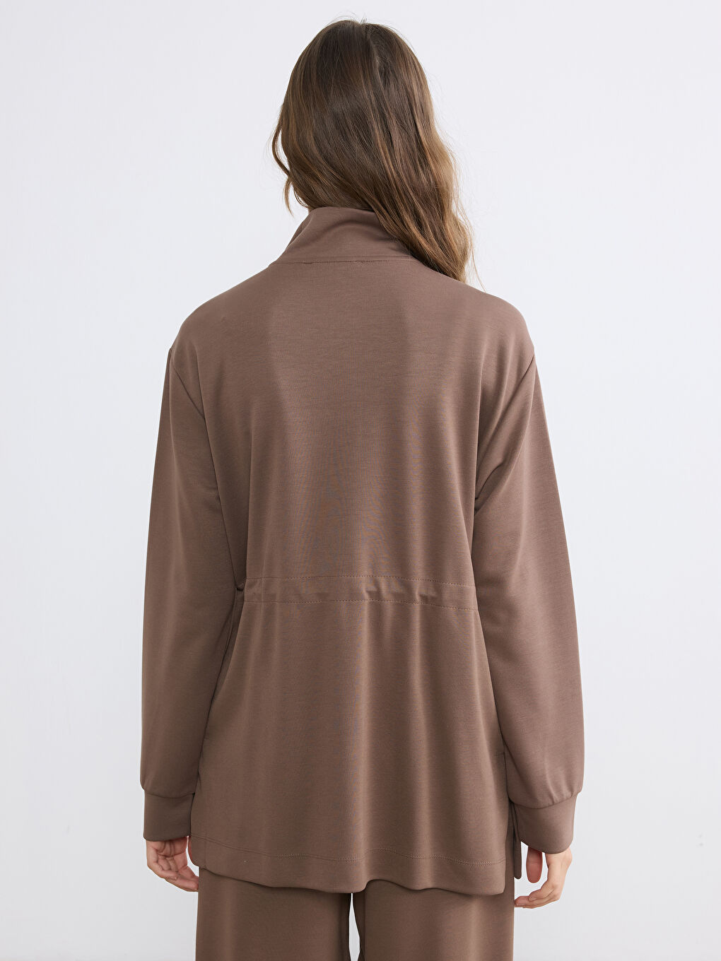 Kahverengi Dik Yaka Büzgülü Kadın Fermuarlı Sweatshirt	-3