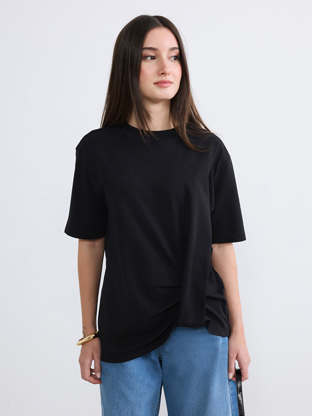 Siyah Petite Bisiklet Yaka Büzgü Detaylı Bluz