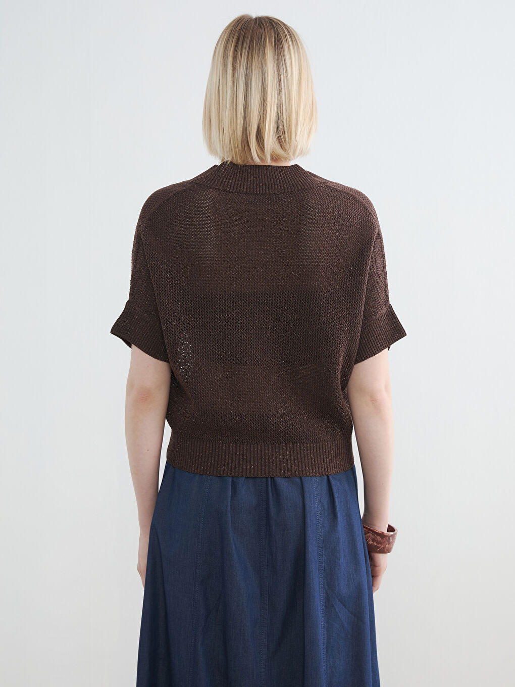 Kahverengi V Yaka Kadın Triko Kazak	-3