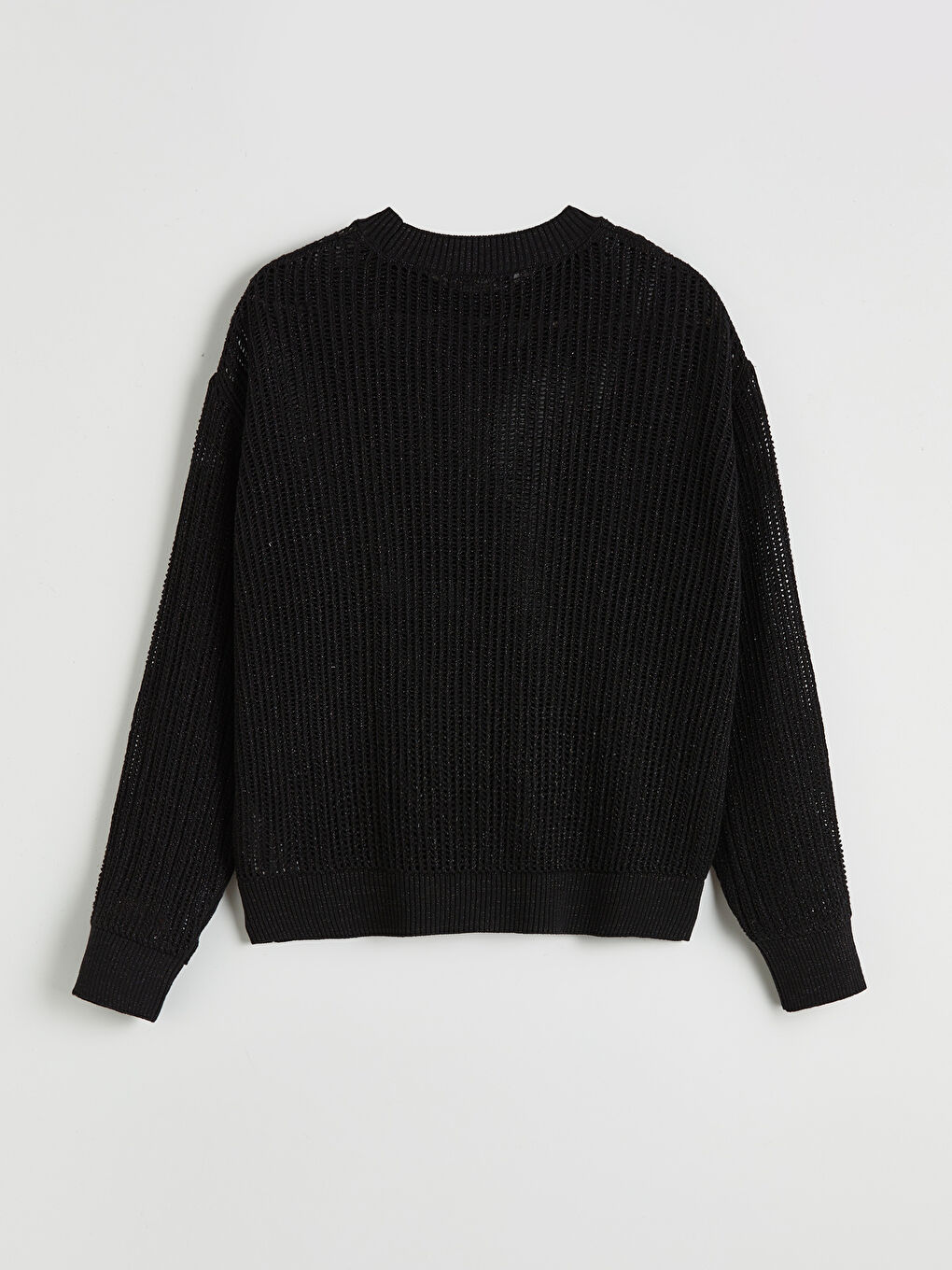 Siyah Bisiklet Yaka Ajurlu Oversize Kadın Triko Kazak-1