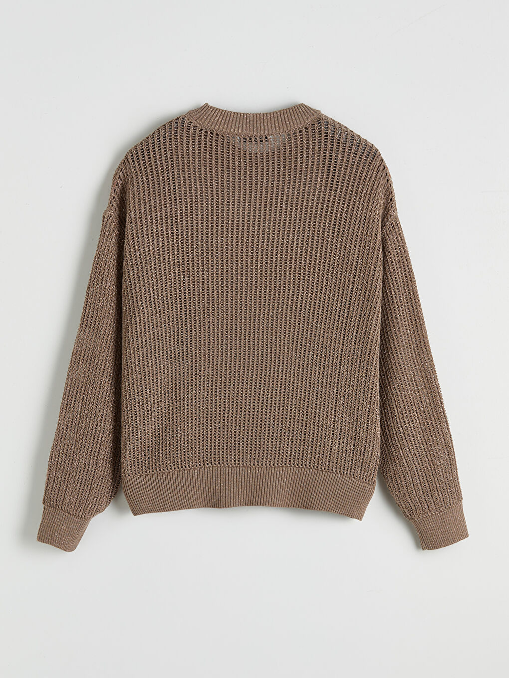 Bej Bisiklet Yaka Ajurlu Oversize Kadın Triko Kazak-1