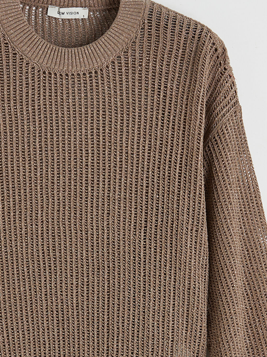 Bej Bisiklet Yaka Ajurlu Oversize Kadın Triko Kazak-2