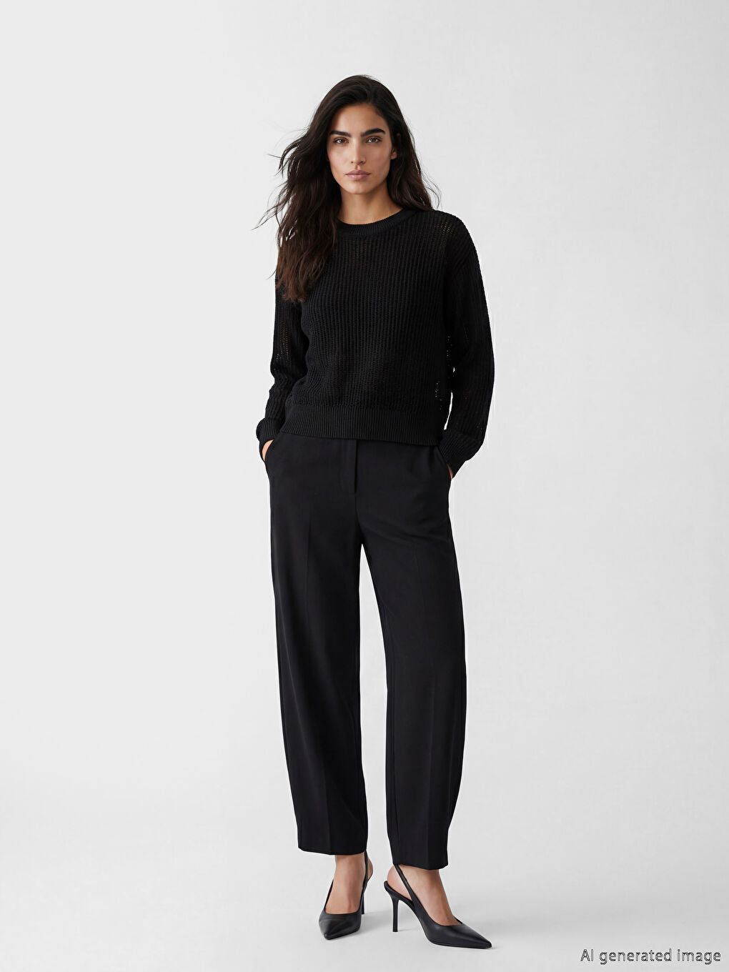 Siyah Bisiklet Yaka Ajurlu Oversize Kadın Triko Kazak-1