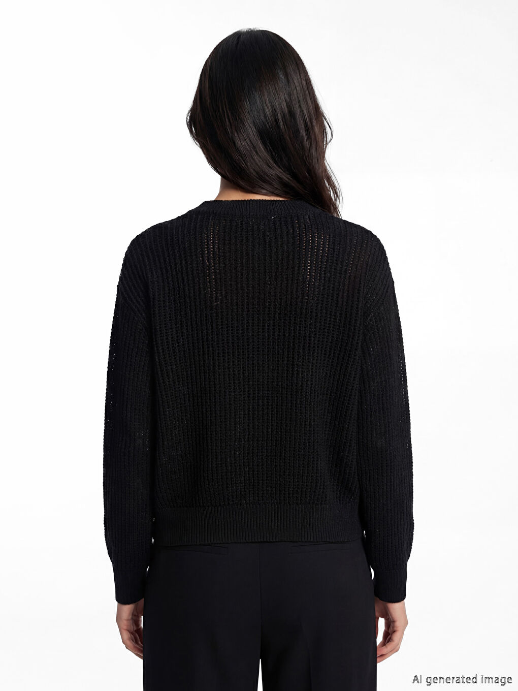 Siyah Bisiklet Yaka Ajurlu Oversize Kadın Triko Kazak-2