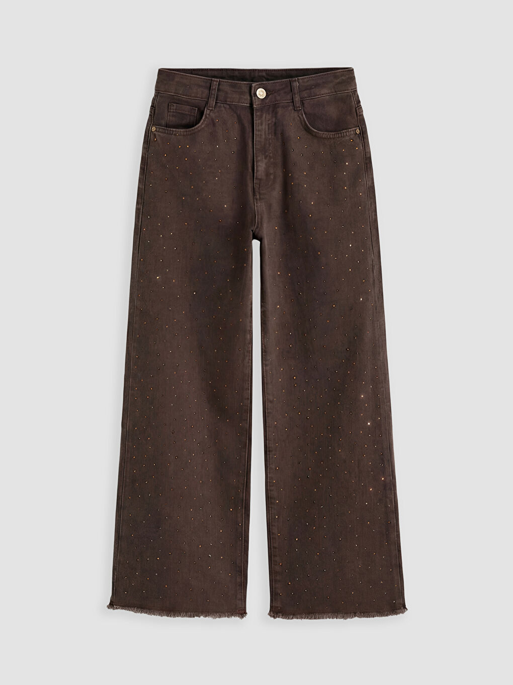 Kahverengi Wideleg Taşlı Kız Çocuk Jean Pantolon