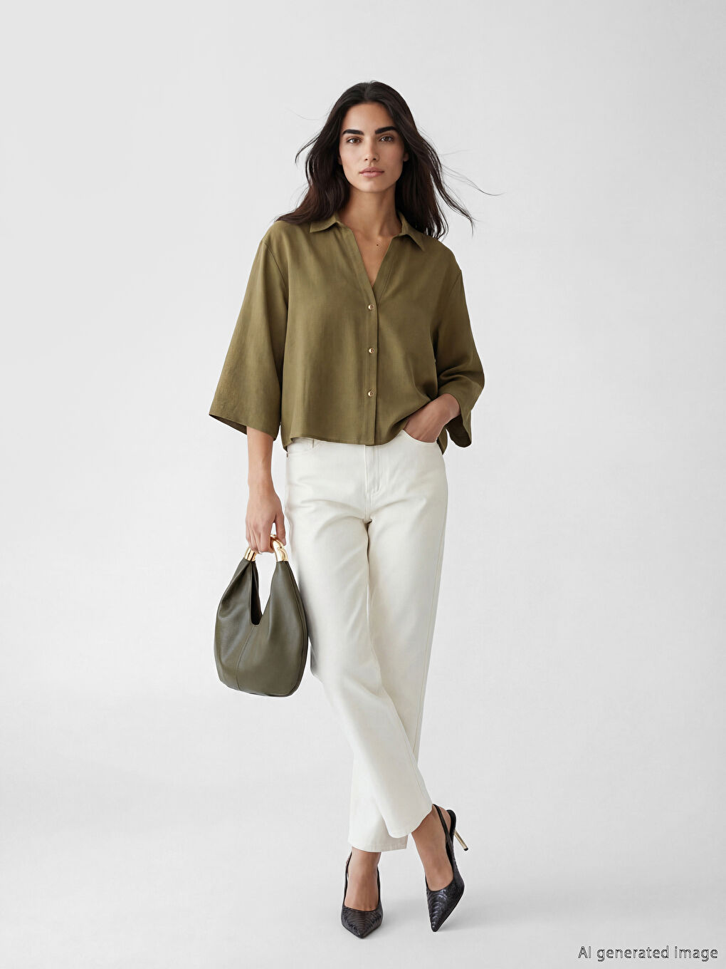 Haki Oversize Kadın Gömlek-1