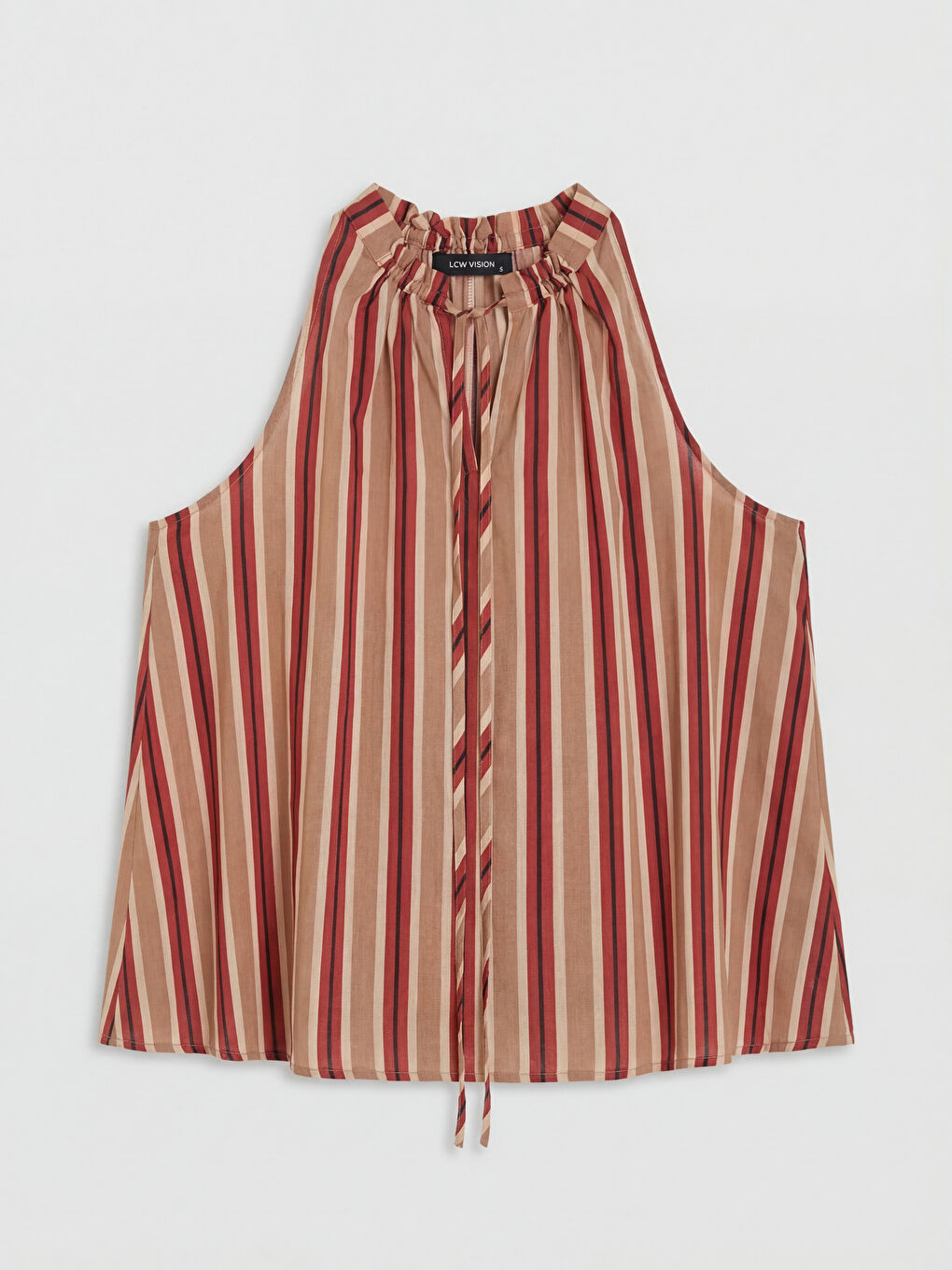 Bej Bağlama Yaka Çizgili Bluz