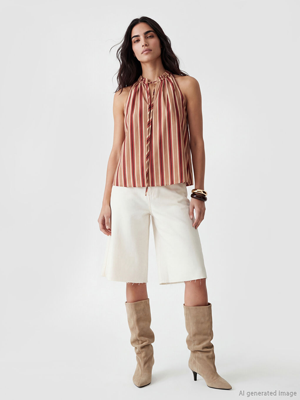 Bej Bağlamalı Yaka Çizgili Bluz-1