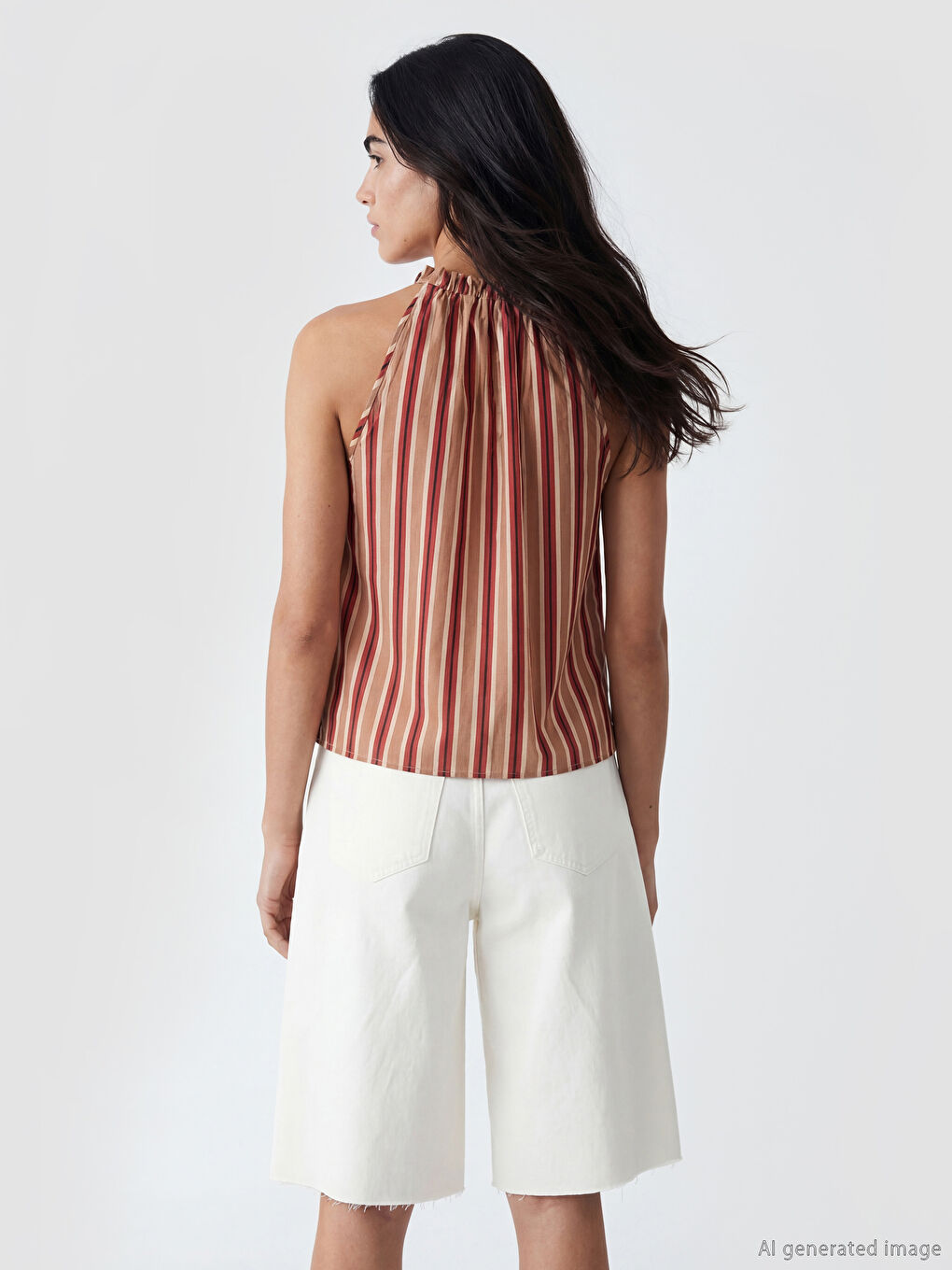 Bej Bağlamalı Yaka Çizgili Bluz-2