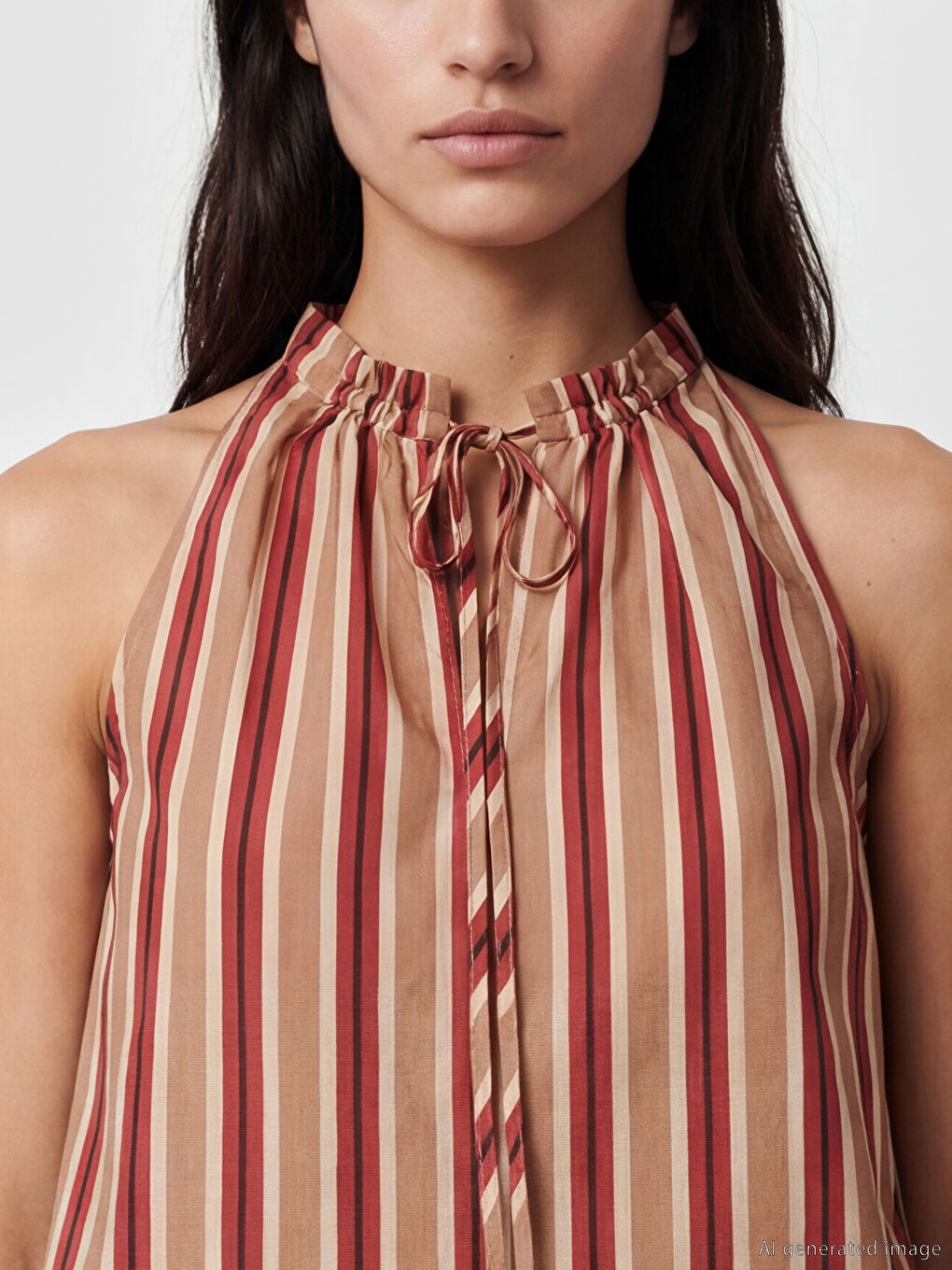 Bej Bağlamalı Yaka Çizgili Bluz-3