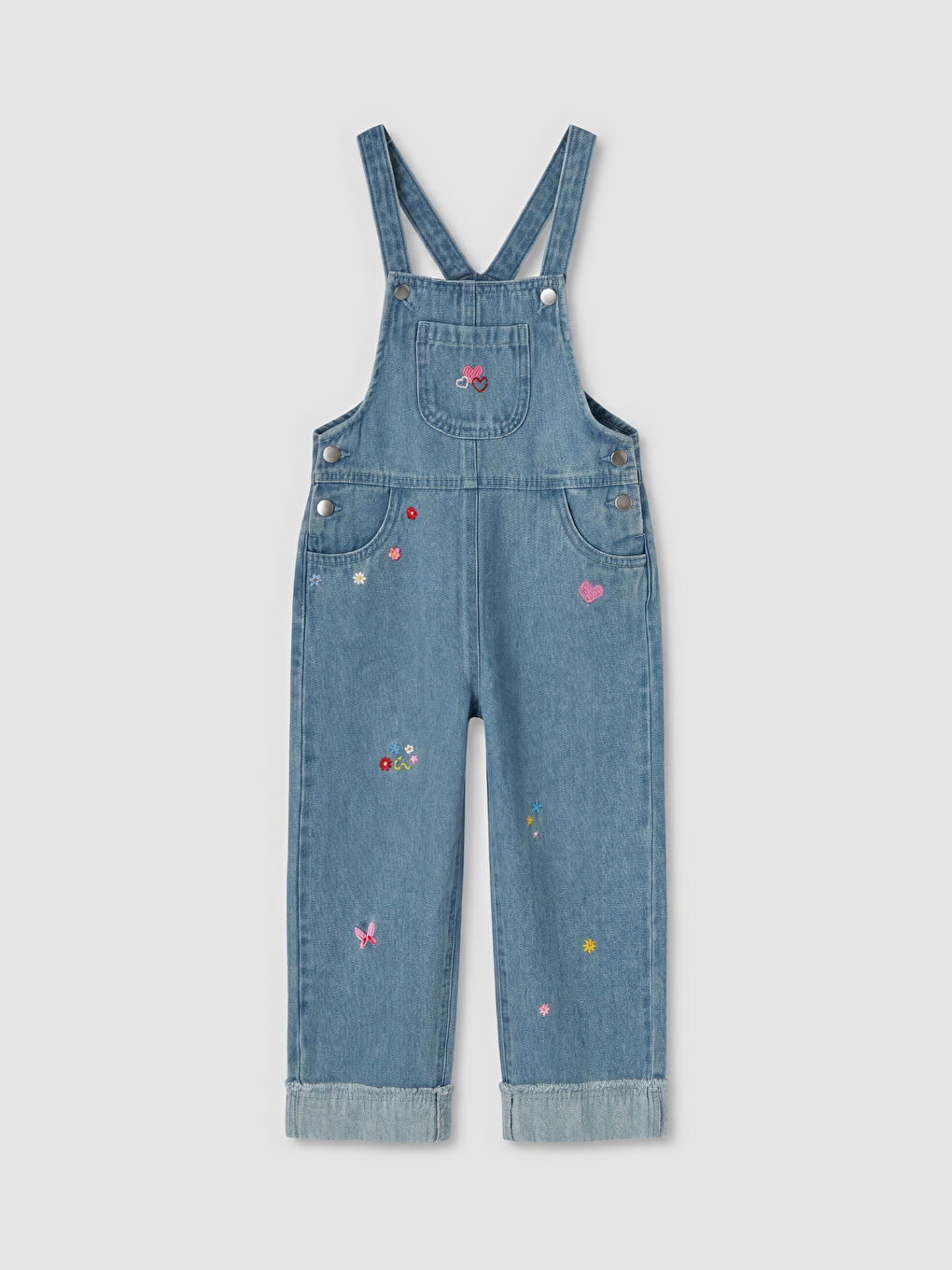 Square Neck Embroidered Girls' Jean Dungarees