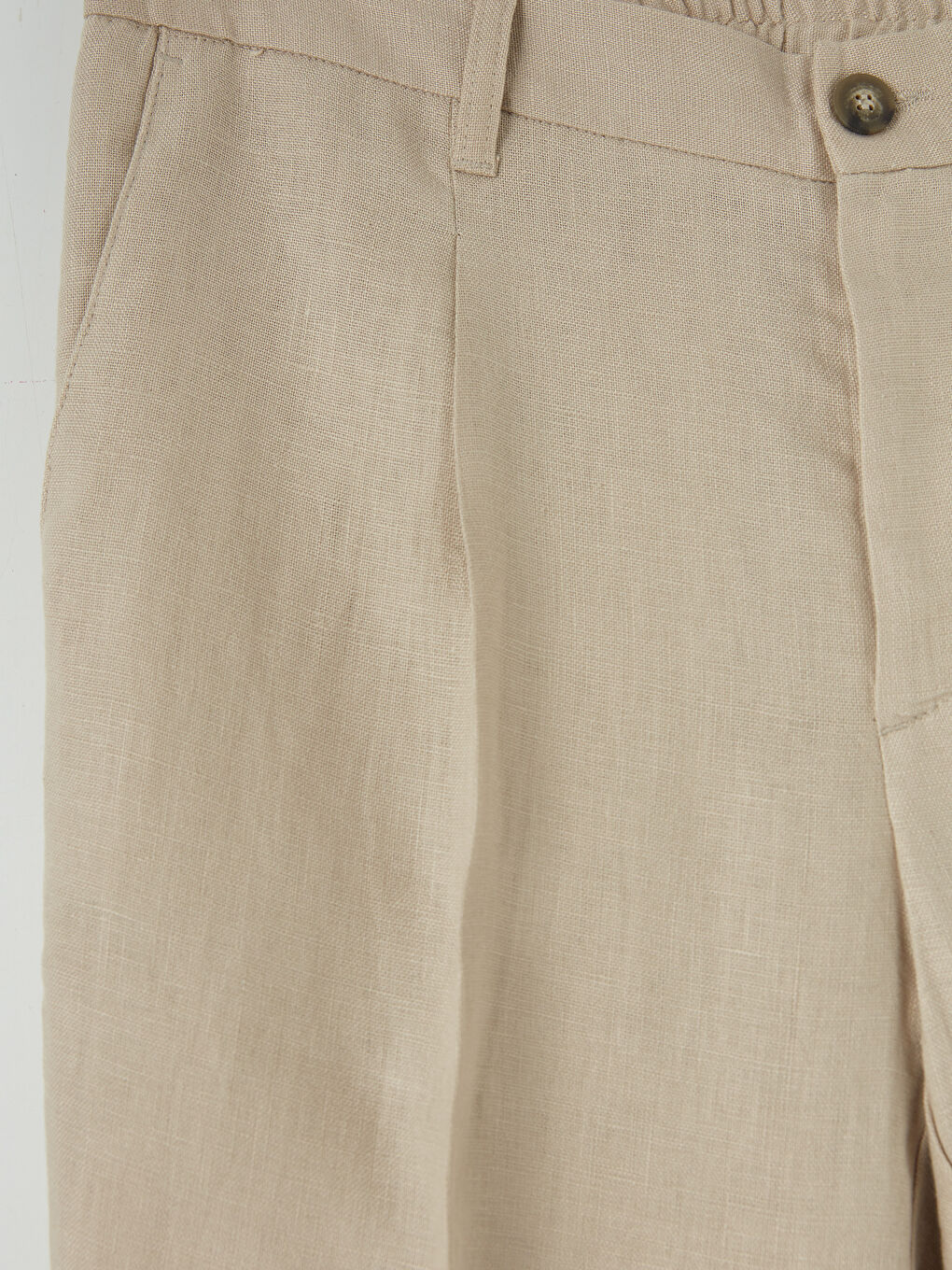 Bej Standart Kalıp Keten Erkek Pileli Pantolon-2