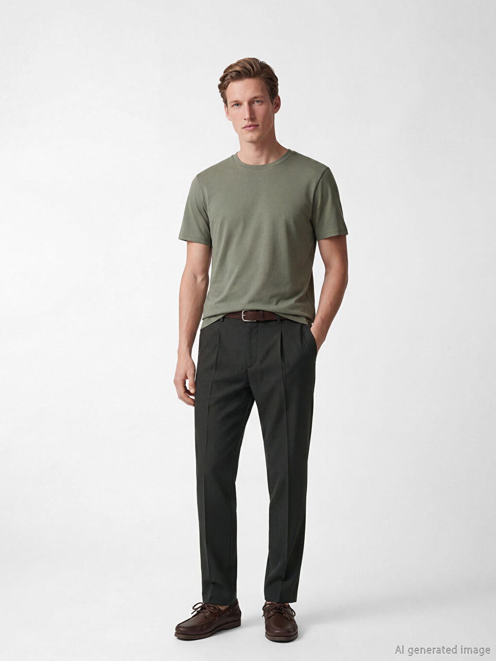 Kahverengi Standart Kalıp Erkek Pileli Keten Pantolon