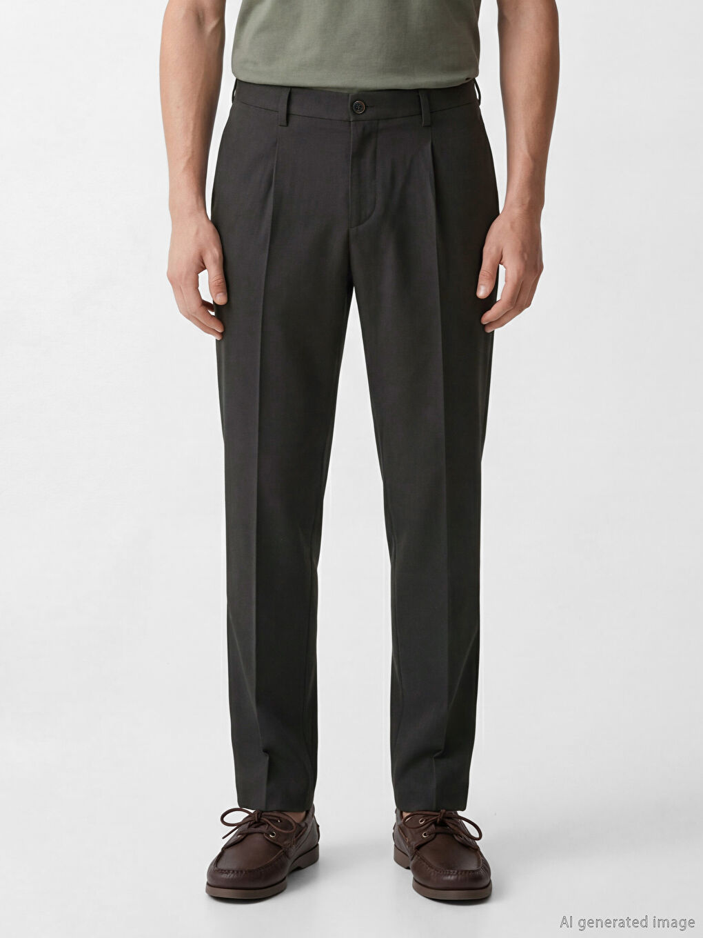 Kahverengi Standart Kalıp Erkek Pileli Keten Pantolon-1