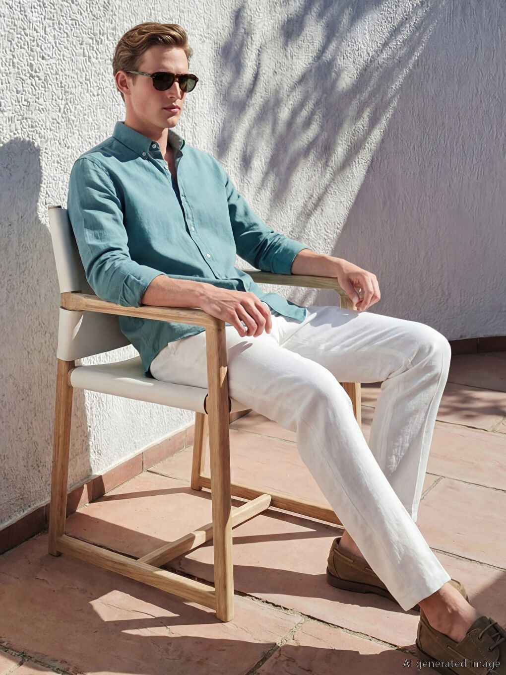 Ekru Standart Kalıp Erkek Pileli Keten Pantolon