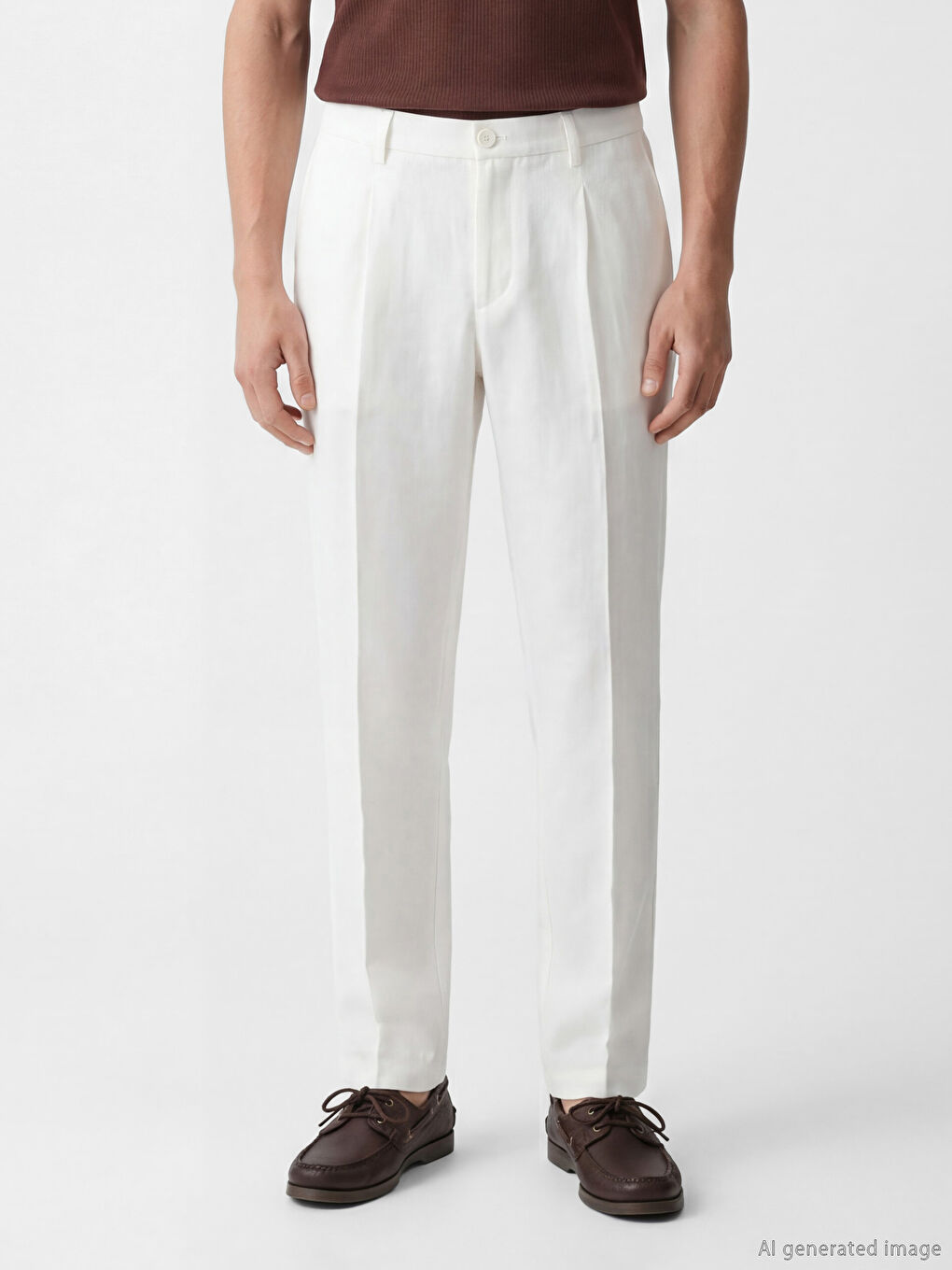 Ekru Standart Kalıp Erkek Pileli Keten Pantolon-1