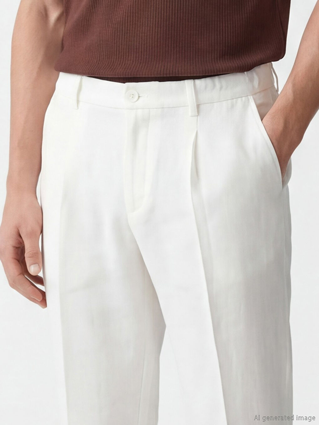 Ekru Standart Kalıp Erkek Pileli Keten Pantolon-2