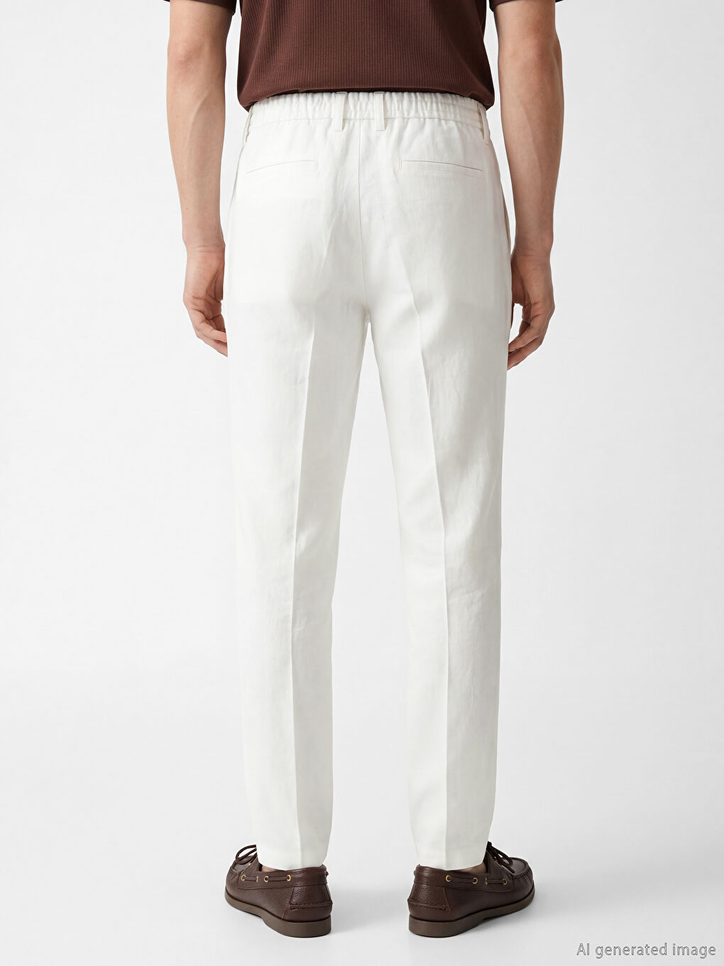Ekru Standart Kalıp Erkek Pileli Keten Pantolon-3