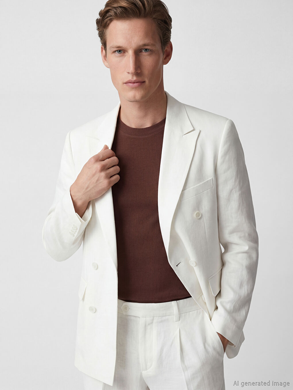 Ekru Standart Kalıp Erkek Keten Blazer Ceket