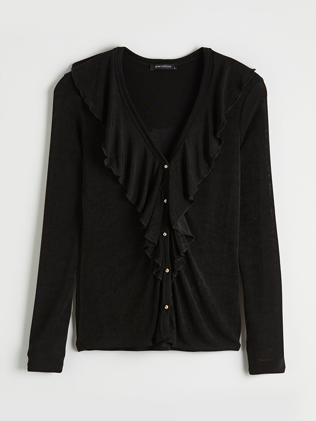 Siyah V Yaka Fırfırlı Kadın Hırka