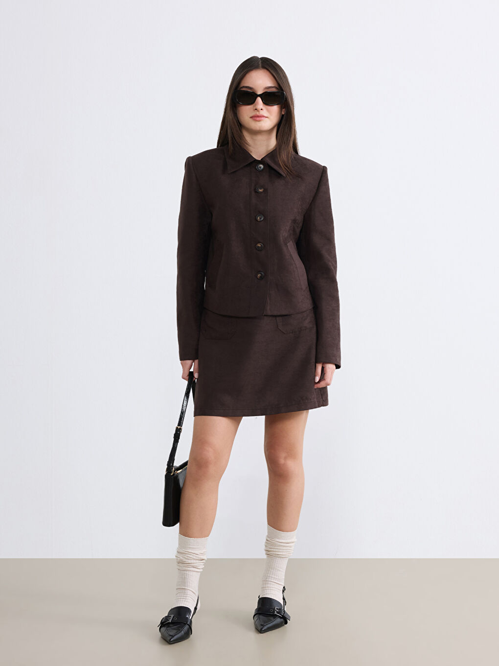 Kahverengi Petite Gömlek Yaka Kadın Ceket-2