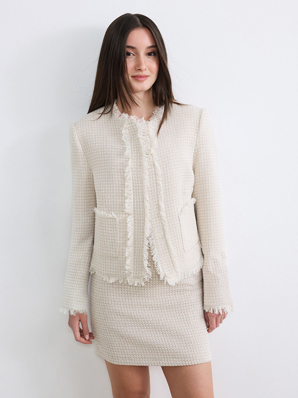 Kahverengi Bisiklet Yaka Püsküllü Kadın Tüvit Ceket