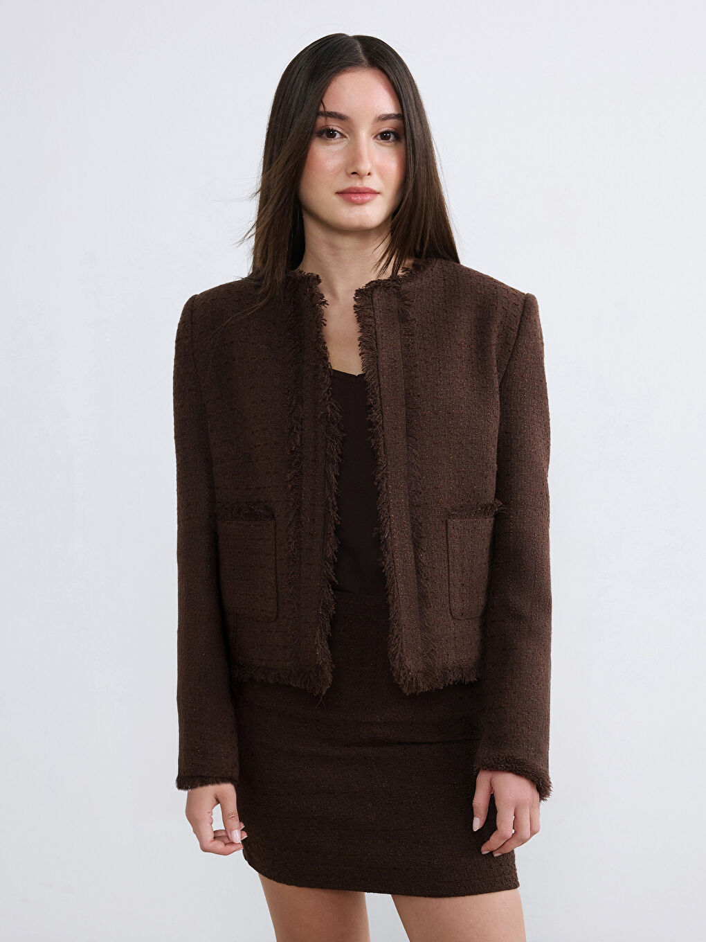 Kahverengi Bisiklet Yaka Püsküllü Kadın Tüvit Ceket