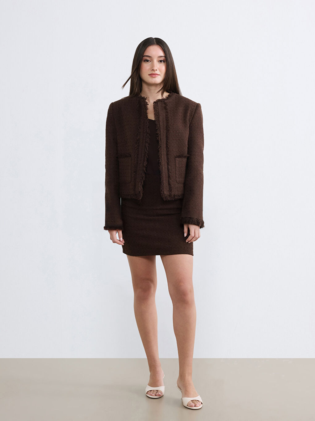 Kahverengi Bisiklet Yaka Püsküllü Kadın Tüvit Ceket-1