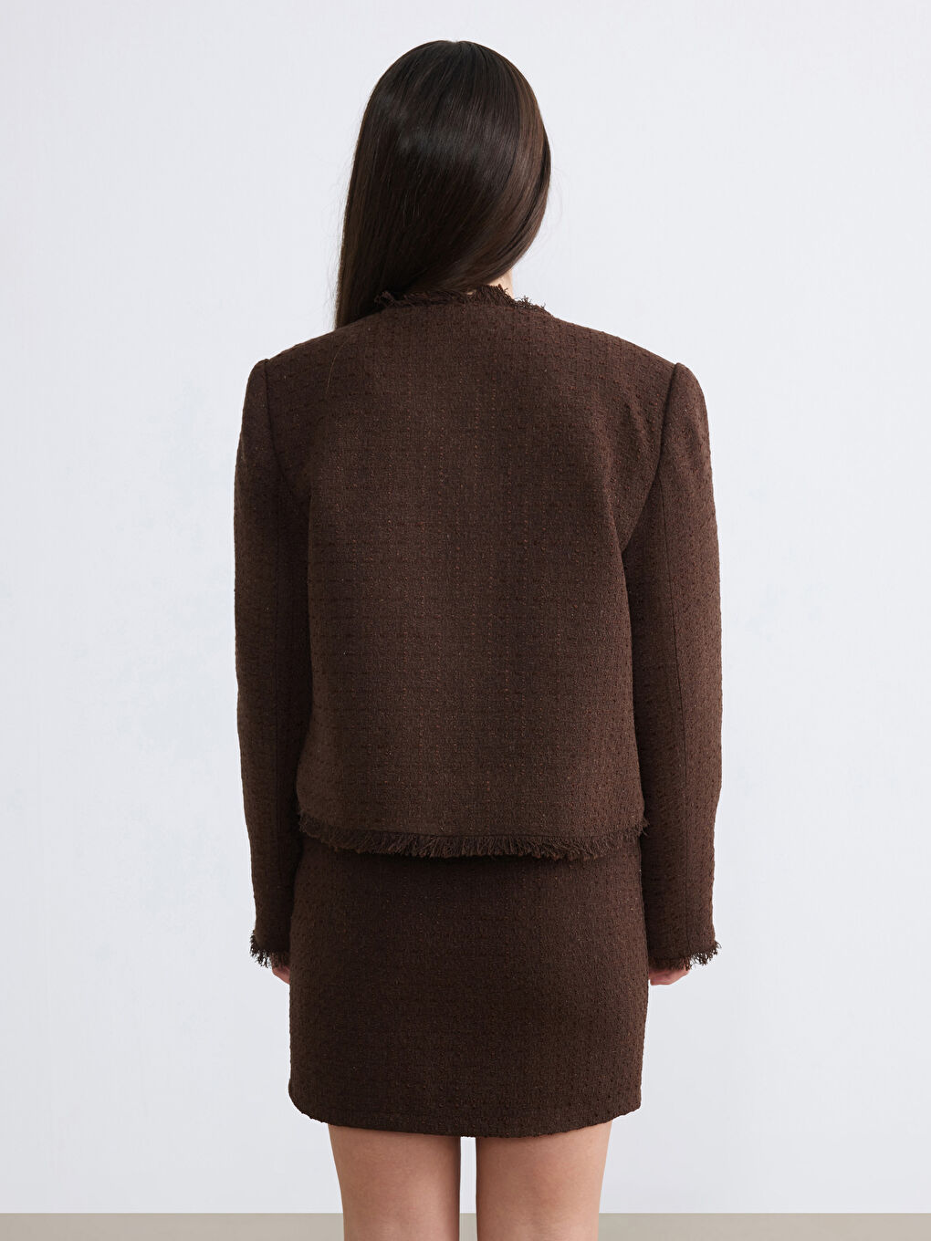 Kahverengi Bisiklet Yaka Püsküllü Kadın Tüvit Ceket-4
