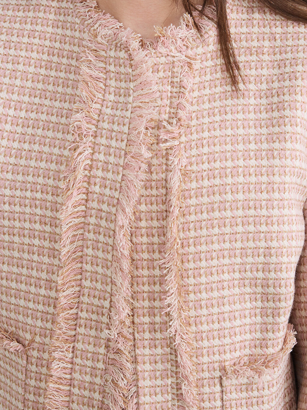 Pembe Bisiklet Yaka Püsküllü Kadın Tüvit Ceket-2