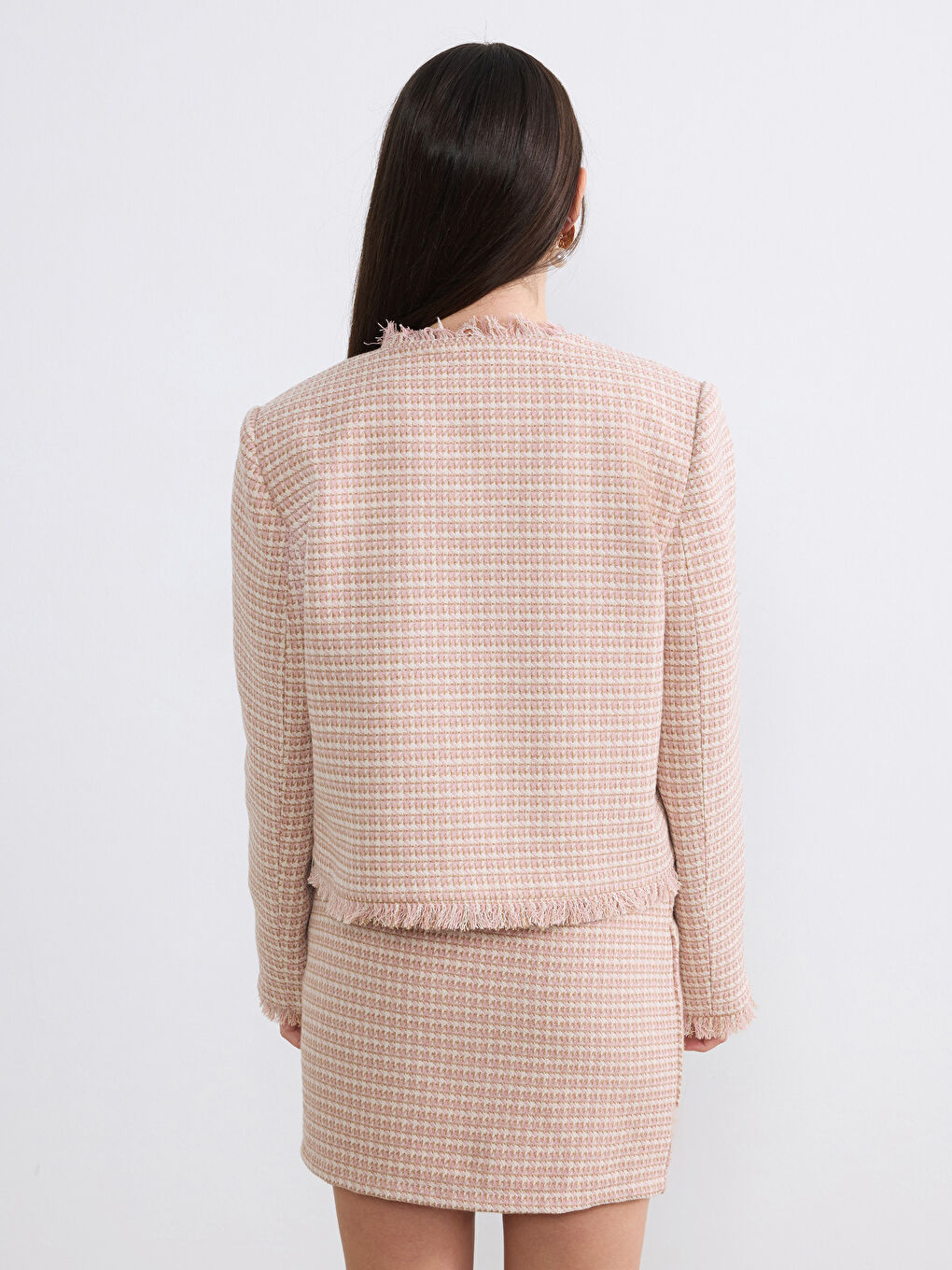 Pembe Bisiklet Yaka Püsküllü Kadın Tüvit Ceket-4