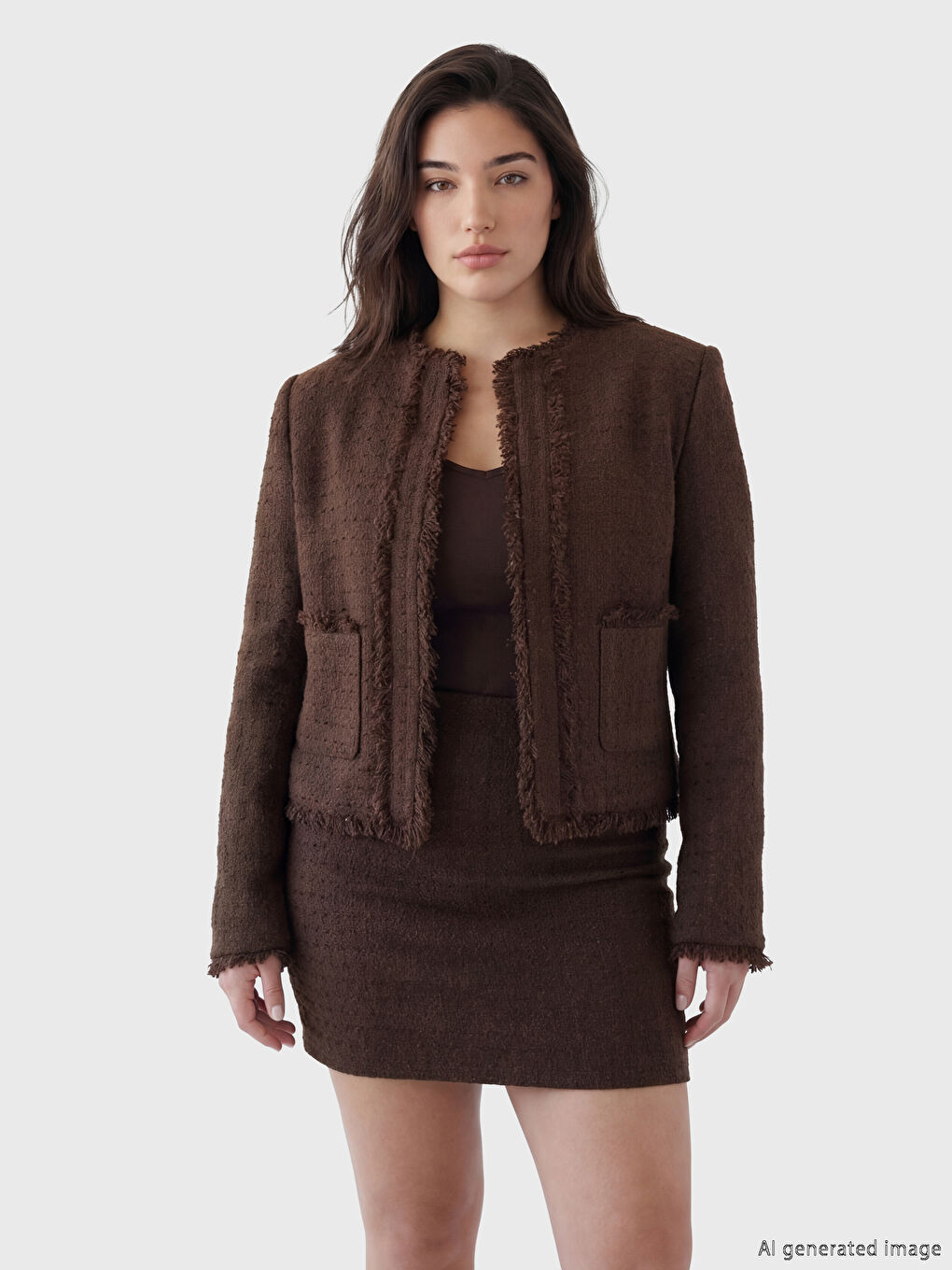 Kahverengi Petite Bisiklet Yaka Püsküllü Kadın Tüvit Ceket-1