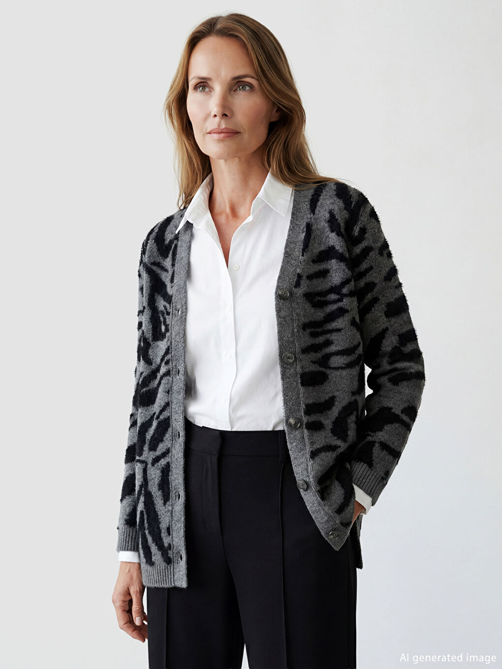 كارديجان تريكو نسائي منقوش بياقة على شكل حرف V