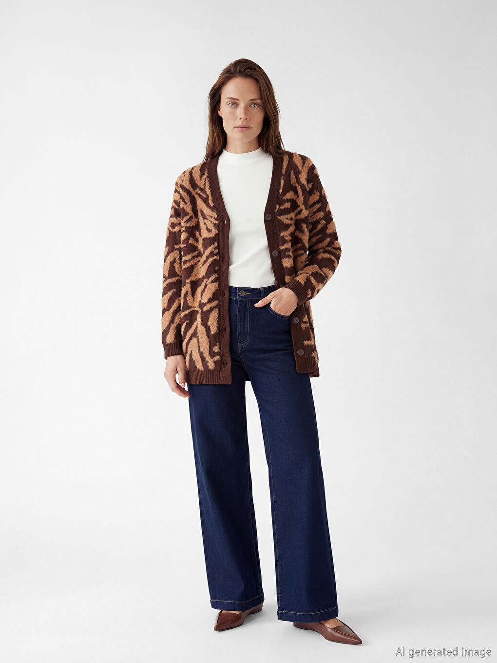 Kahverengi V Yaka Desenli Kadın Triko Hırka-1