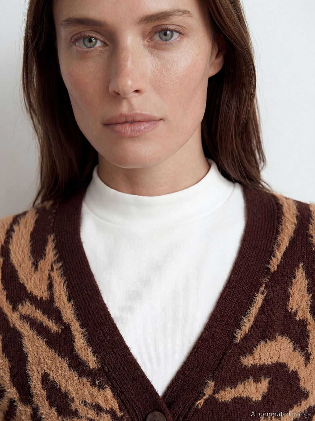 Kahverengi V Yaka Desenli Kadın Triko Hırka-2