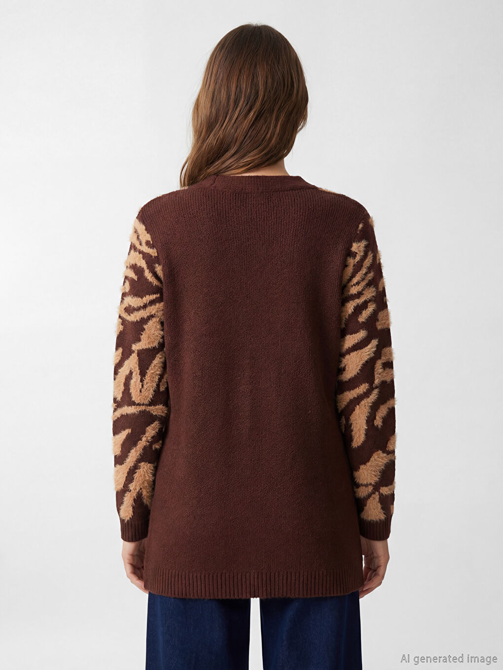 Kahverengi V Yaka Desenli Kadın Triko Hırka-3