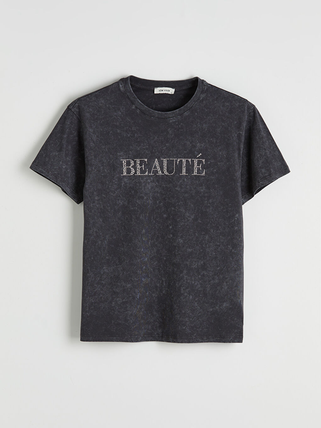 Antrasit Bisiklet Yaka Taş Baskılı Kadın Tişört