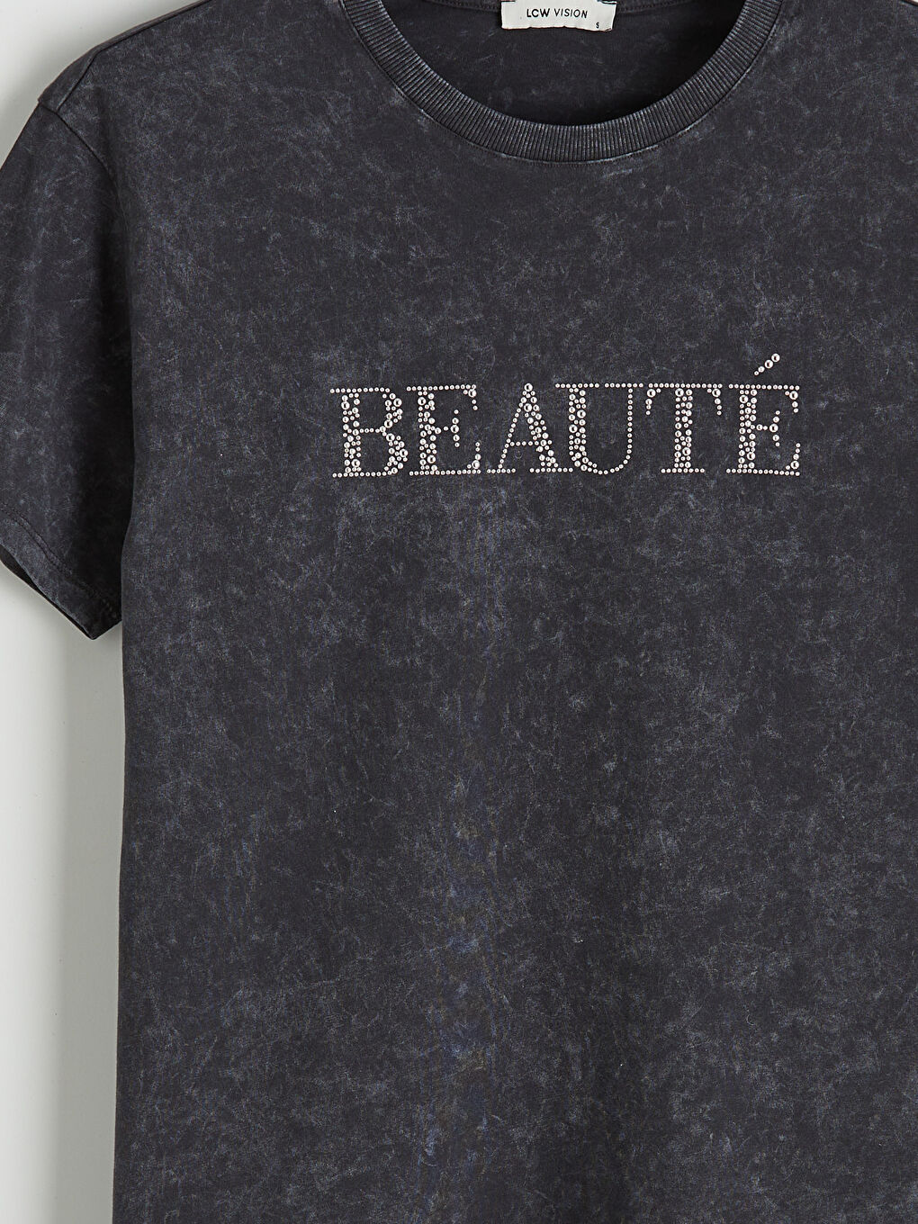 Antrasit Bisiklet Yaka Taş Baskılı Kadın Tişört-2