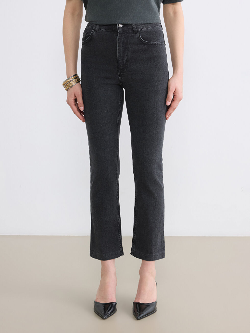 Antrasit Yüksek Bel Flare Kadın Jean Pantolon-1