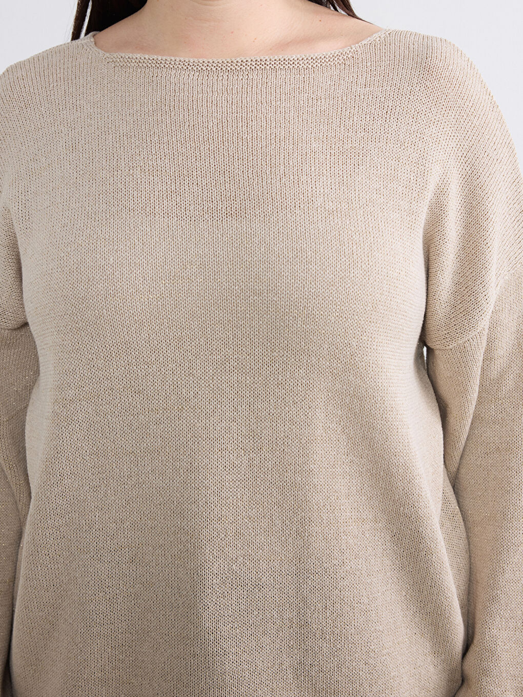 Bej Bisiklet Yaka Simli Kadın Triko Kazak-2