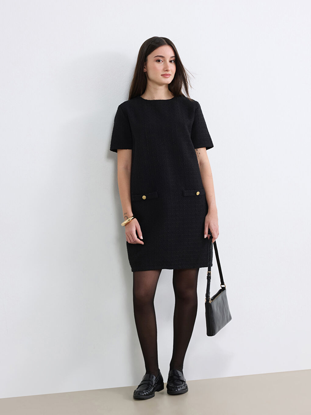 Siyah Petite Bisiklet Yaka Mini Elbise