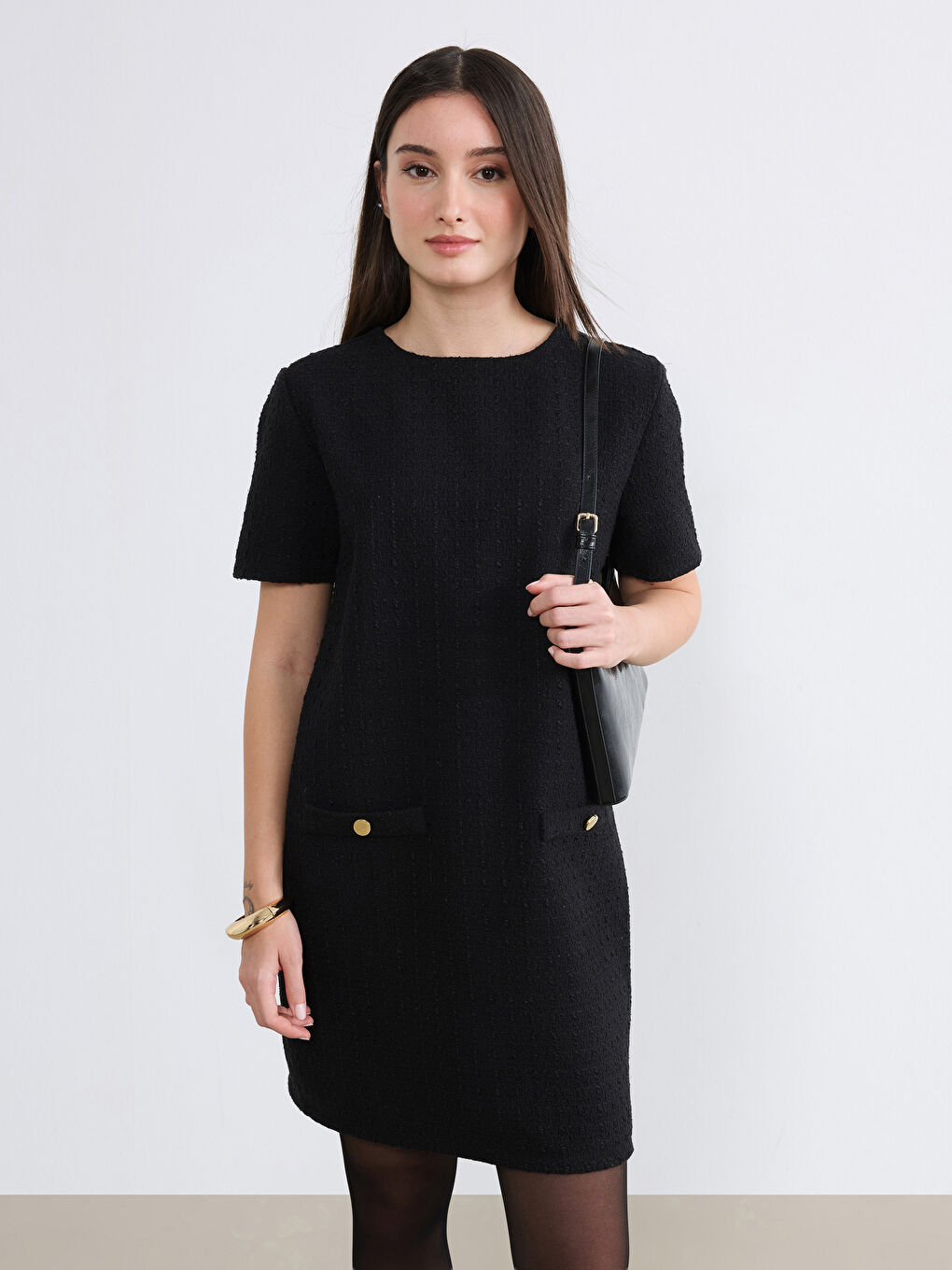 Siyah Petite Bisiklet Yaka Mini Elbise-1