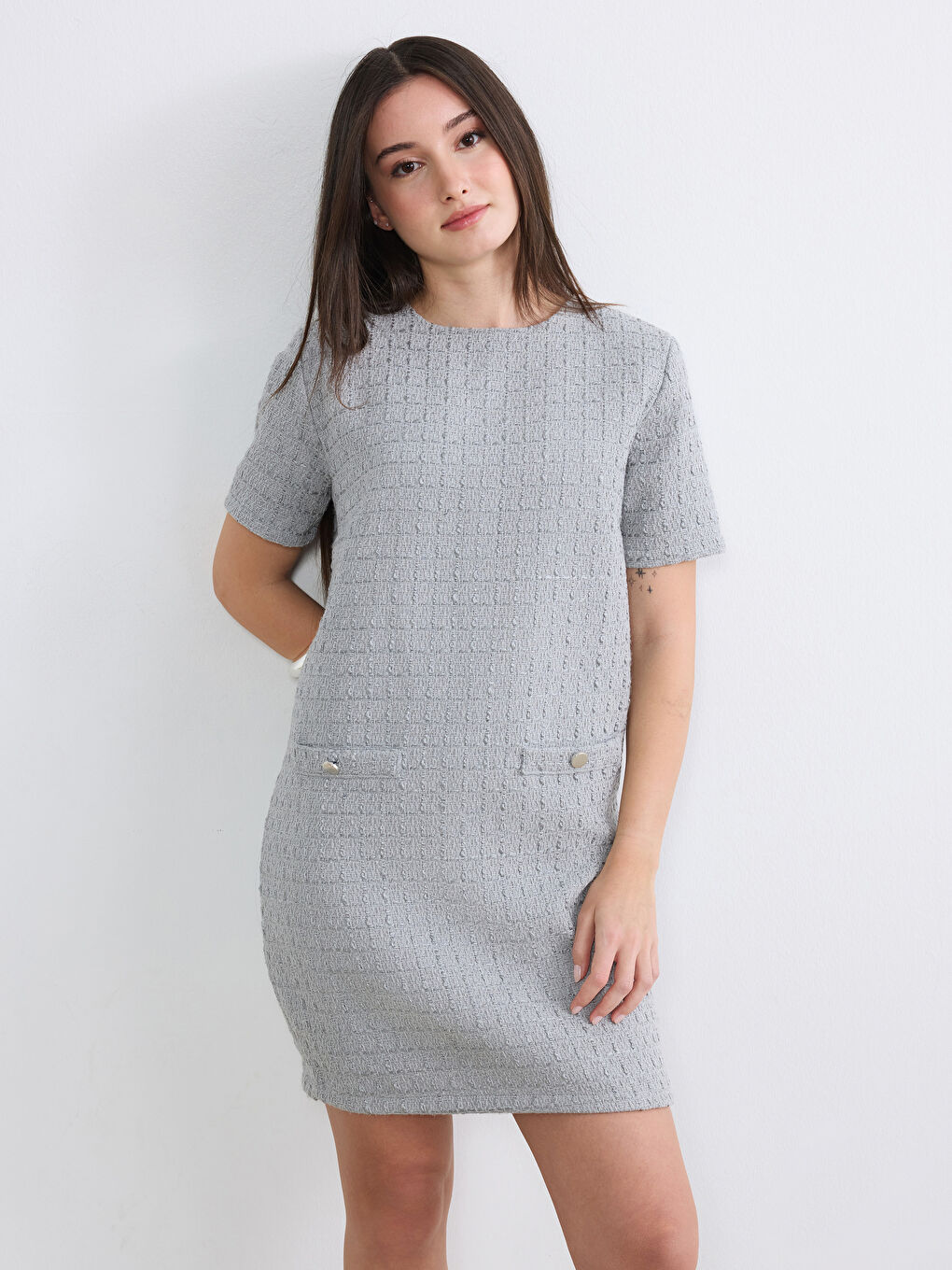 Gri Petite Dokulu Mini Elbise-1