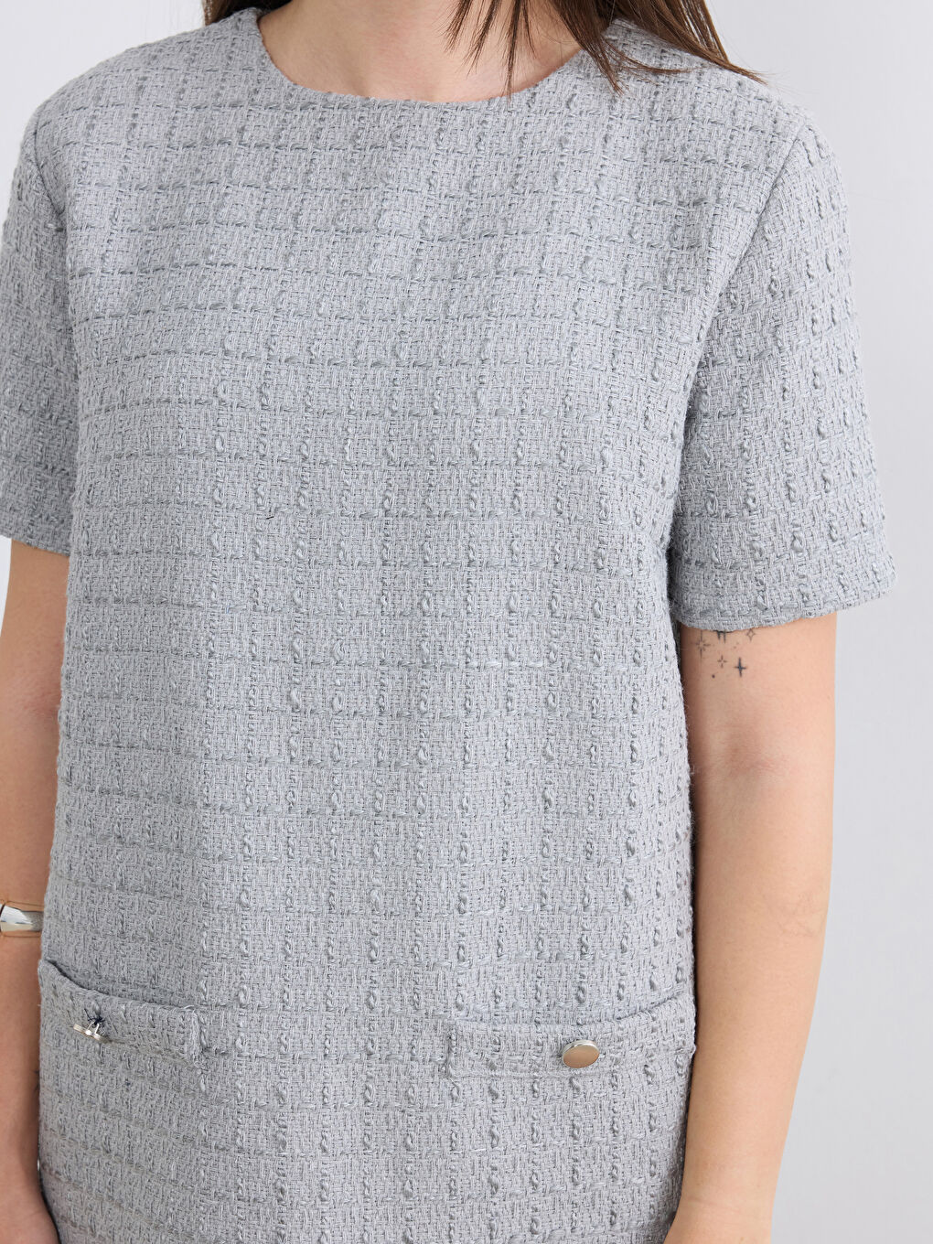 Gri Petite Dokulu Mini Elbise-2