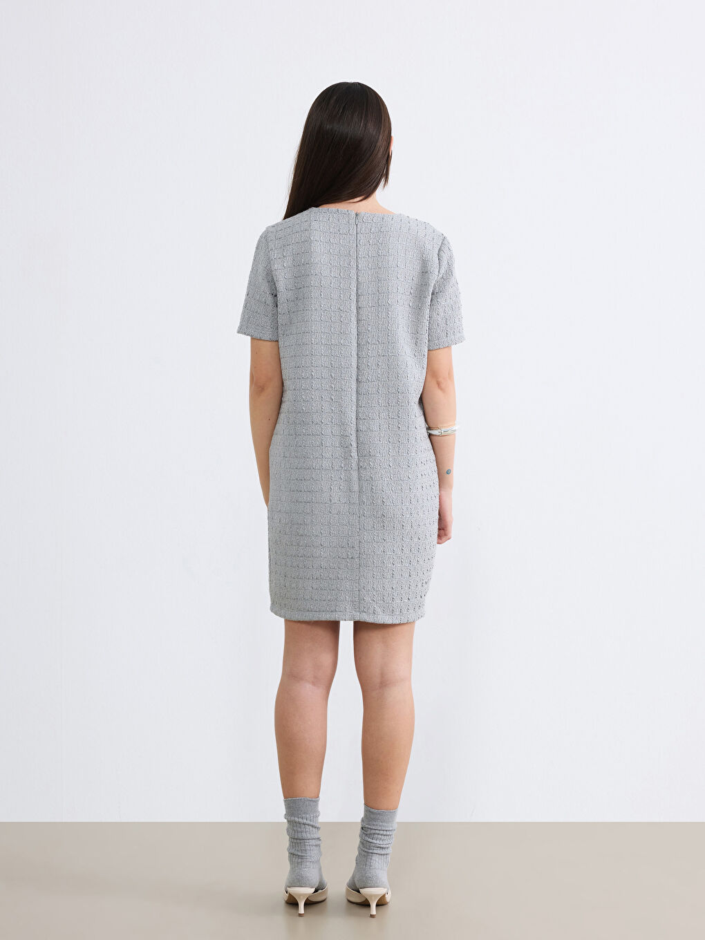 Gri Petite Dokulu Mini Elbise-3