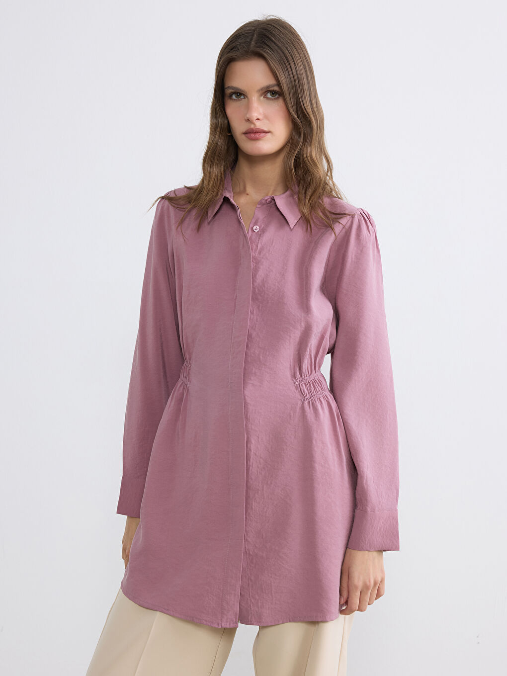 Pembe Beli Büzgülü Kadın Gömlek Tunik