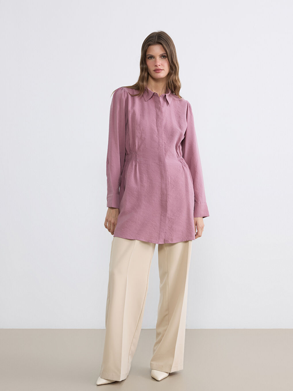 Pembe Beli Büzgülü Kadın Gömlek Tunik-1