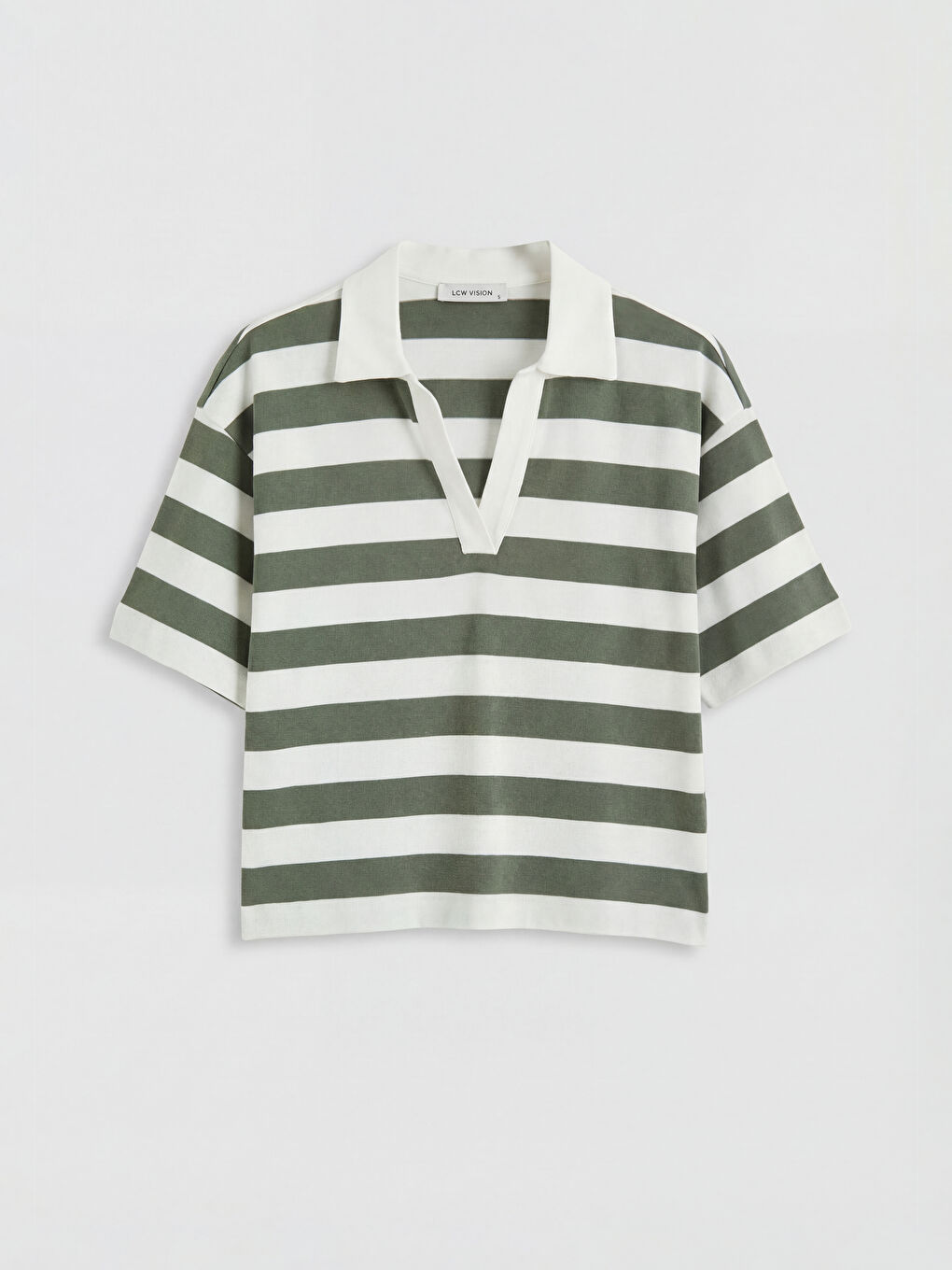 Yeşil Polo Yaka Çizgili Kadın Tişört-5