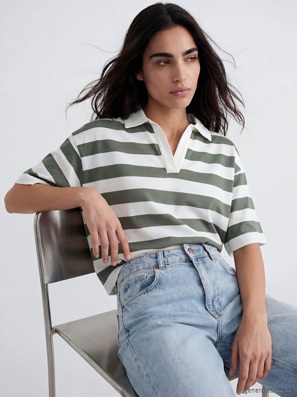 Yeşil Polo Yaka Çizgili Kadın Tişört